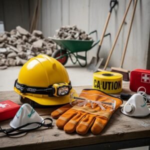 Essential safety gear for construction debris removal including helmets and gloves